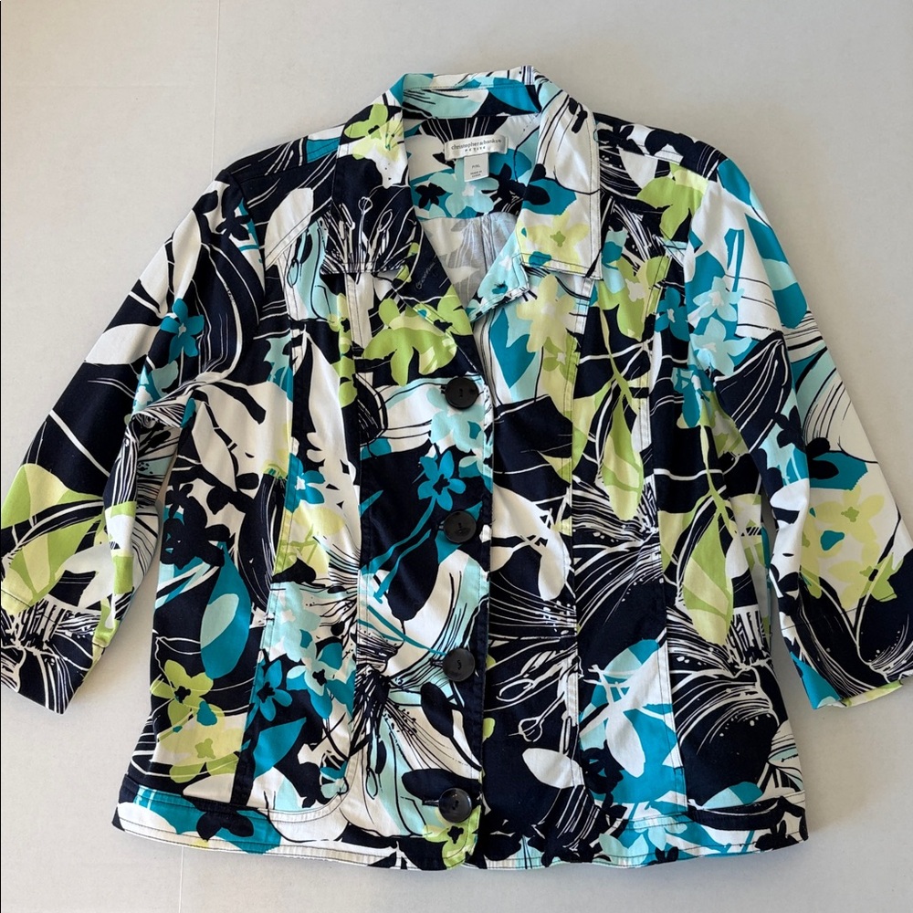 Christopher & Banks Petite XL Blazer Green Blue 3/4 Sleeve Pockets Button Floral